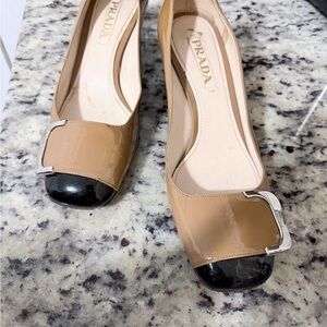 Prada Two-Tone Patent Leather Ballet Flats in Tan and Black